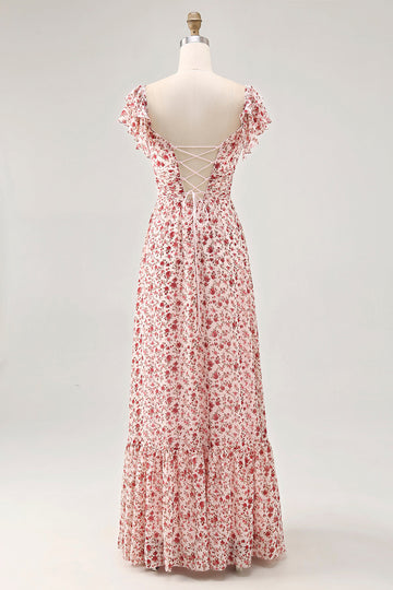 Blush Flower Printed Ruffled A Line Long Bridesmaid Dress with Slit